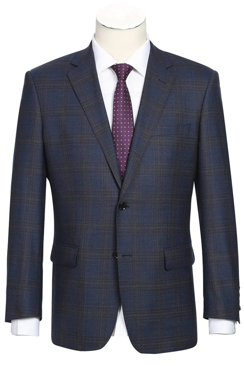 Mens Two Button Classic Fit Vested Wool Suit in Brown & Blue Windowpane Plaid