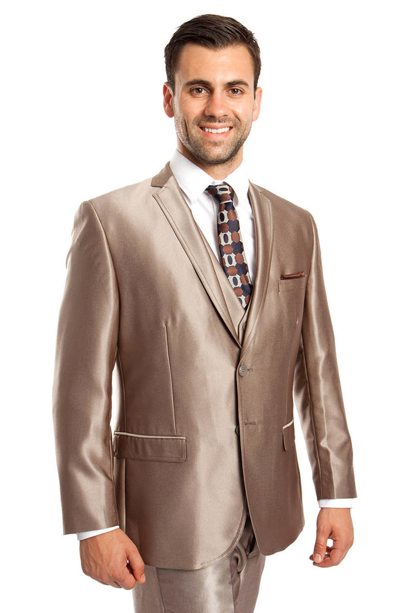 Men's Two Button Vested Shiny Sharkskin Wedding & Prom Fashion Suit in Dark Taupe