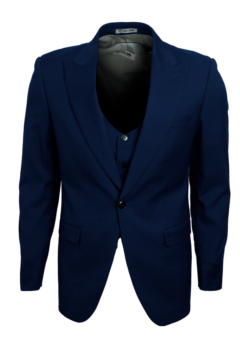 Men's Vested One Button Peak Lapel Stacy Adams Suit in Navy Blue