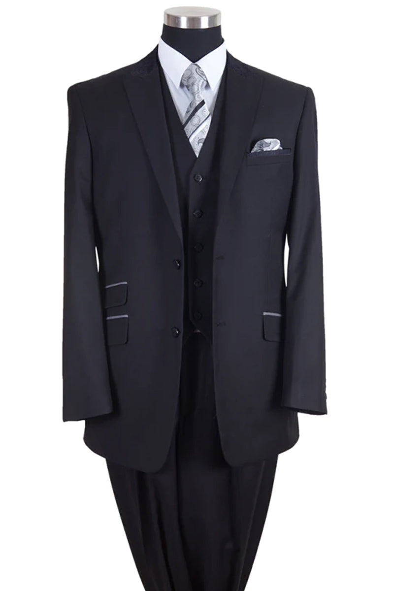 Mens 2 Button Vested Peak Lapel Contrast Collar Suit in Black and Black