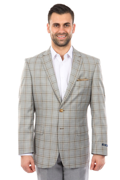 Men's Two Button Windowpane Plaid Sport Coat in Grey & Khaki