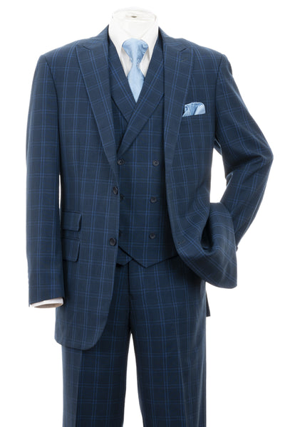 Mens 2 Button Double Breasted Vest Suit in Navy Windopane Plaid