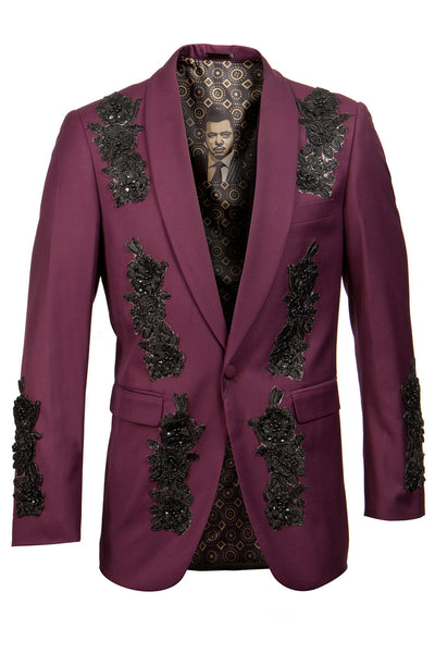 Men's Shawl Collar Dinner Jacket with Floral Sequin Overlays in Burgundy
