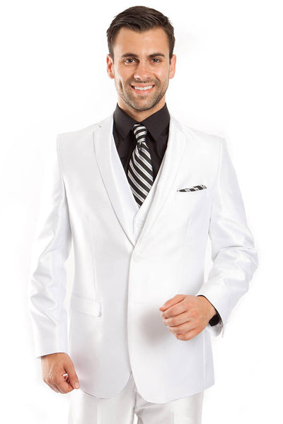 Men's Two Button Vested Shiny Sharkskin Wedding & Prom Fashion Suit in White