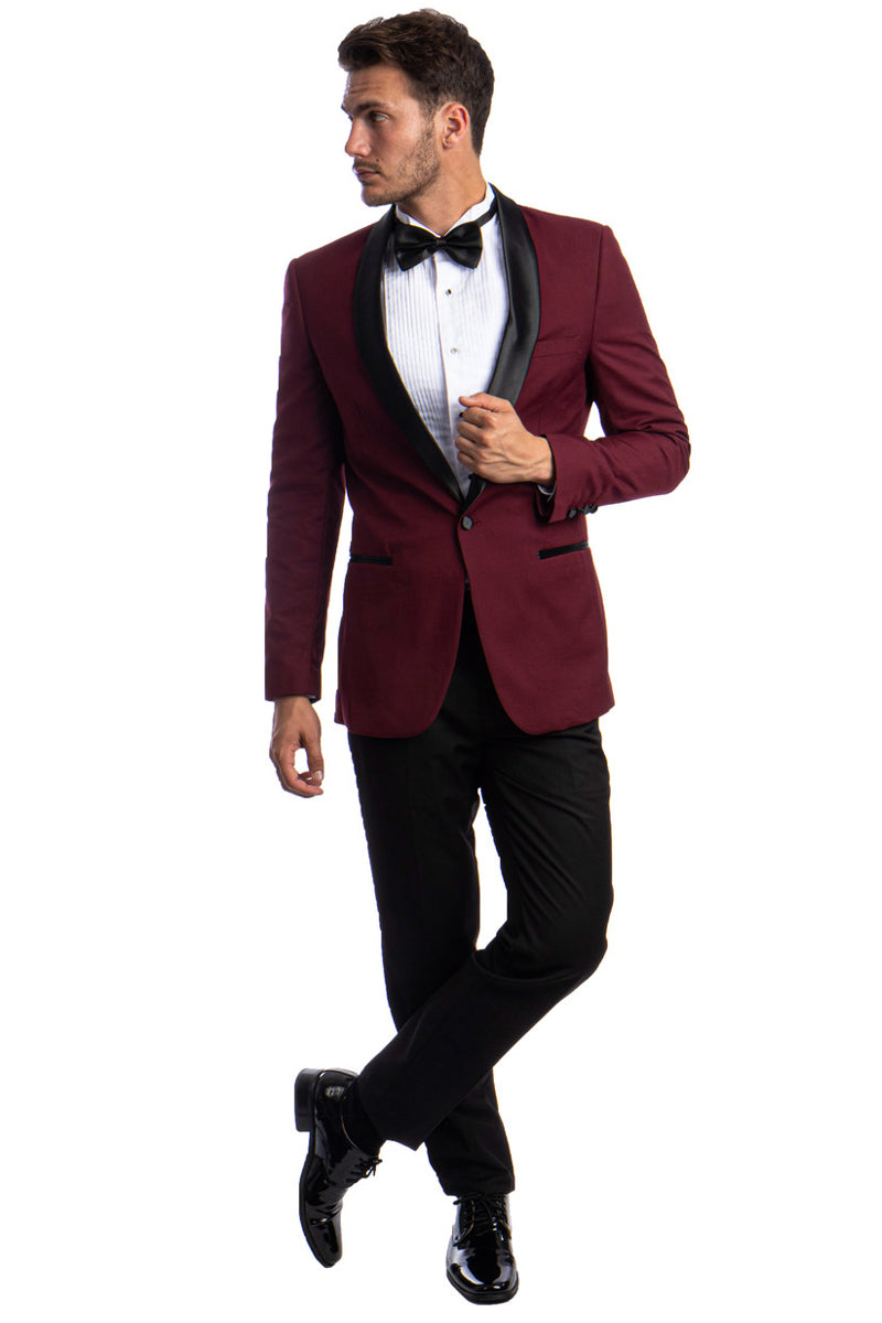 Men's Skinny Fit One Button Shawl Prom Tuxedo in Burgundy