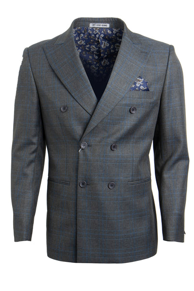 Men's Stacy Adams Double Breasted Suit in Charcoal Grey Windowpane Plaid