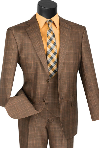 Mens 2 Button Vested Peak Lapel Plaid Windowpane Suit in Brown