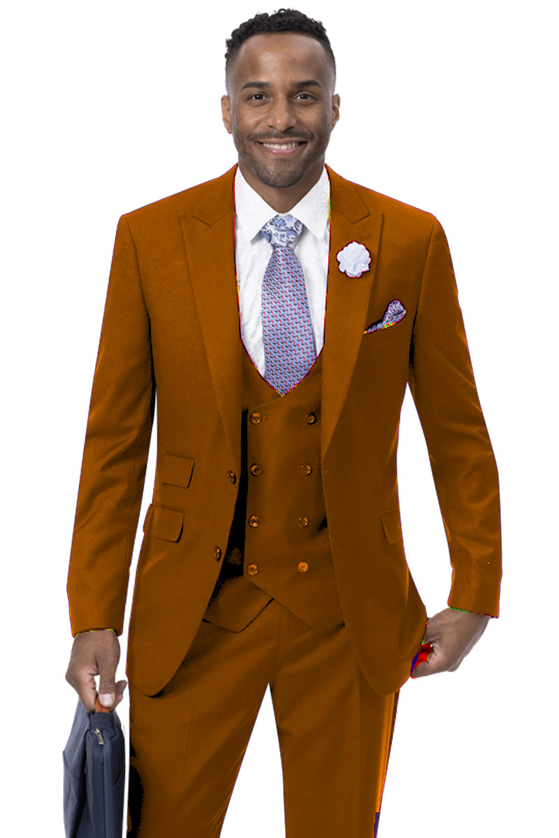Mens Modern Two Button Vested Peak Lapel Suit with Double Breasted Vest in Rust