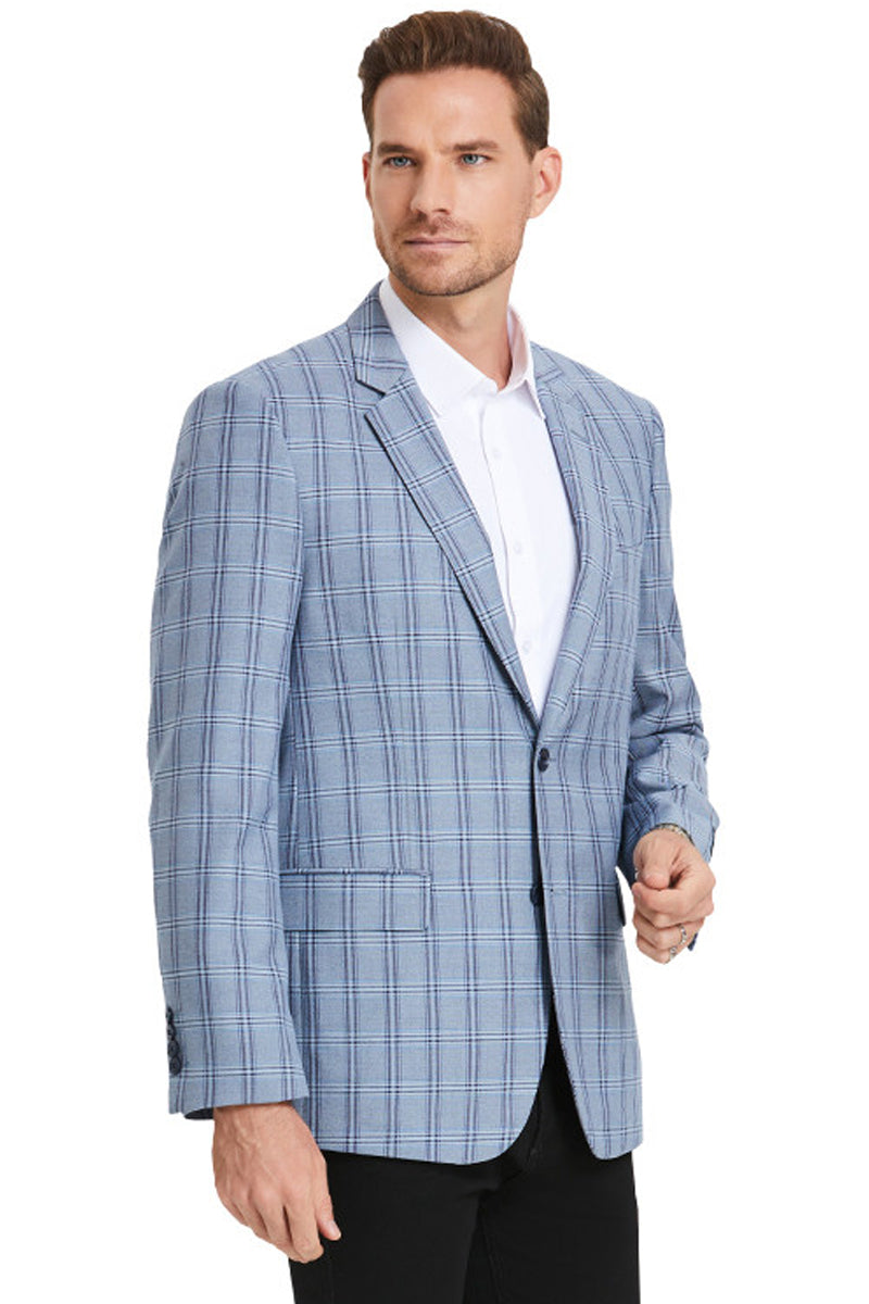 Men's Two Button Business Casual Double Windowpane Sport Coat in Navy Blue