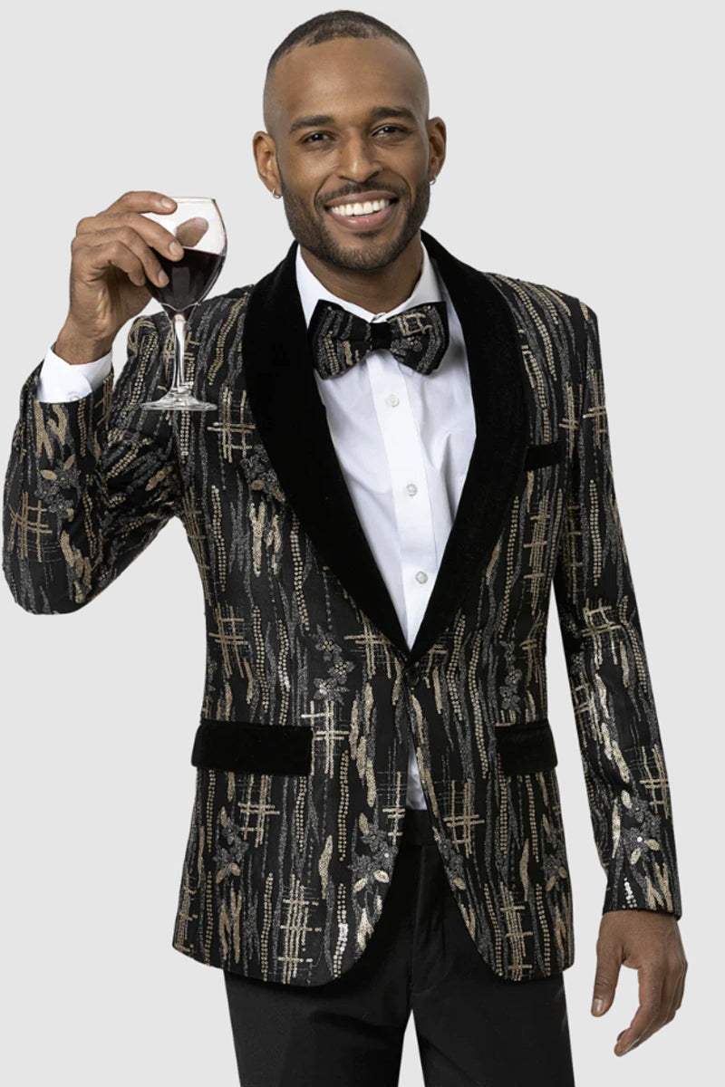 Mens Slim Black and Gold Pattern Tuxedo Dinner Jacket with Velvet Lapel