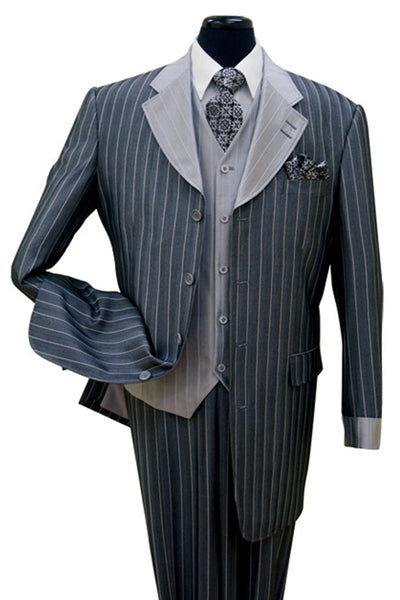 Mens Vested Shiny Sharkskin Pinstripe Fashion Zoot Suit in Navy Blue