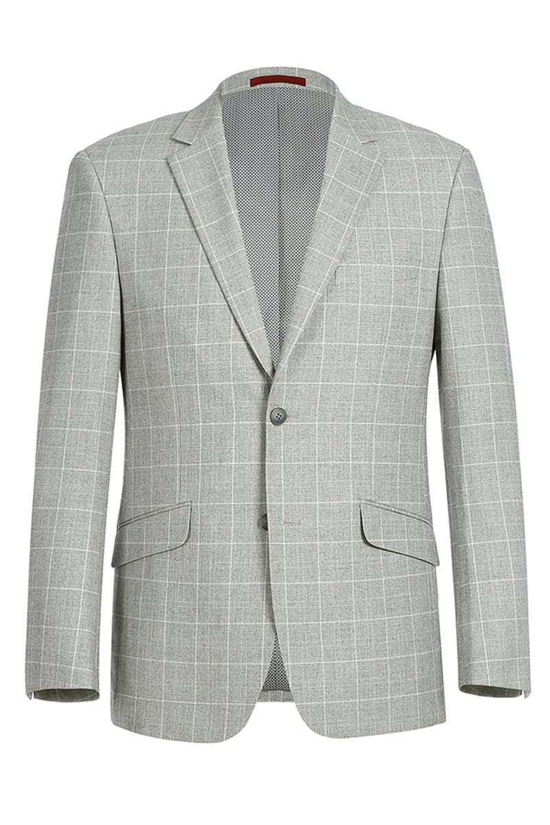 Mens Two Button Slim Fit Sport Coat Blazer in Light Grey Ash Windowpane Plaid