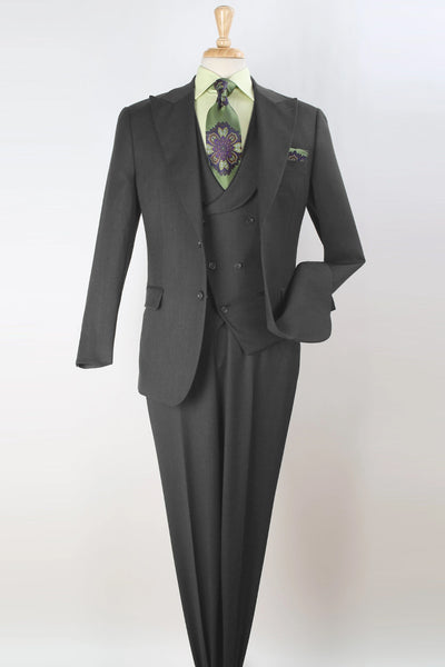 Mens Two Button Classic Wide Peak Lapel Double Breasted Slant Vest Wool Suit in Charcoal Grey