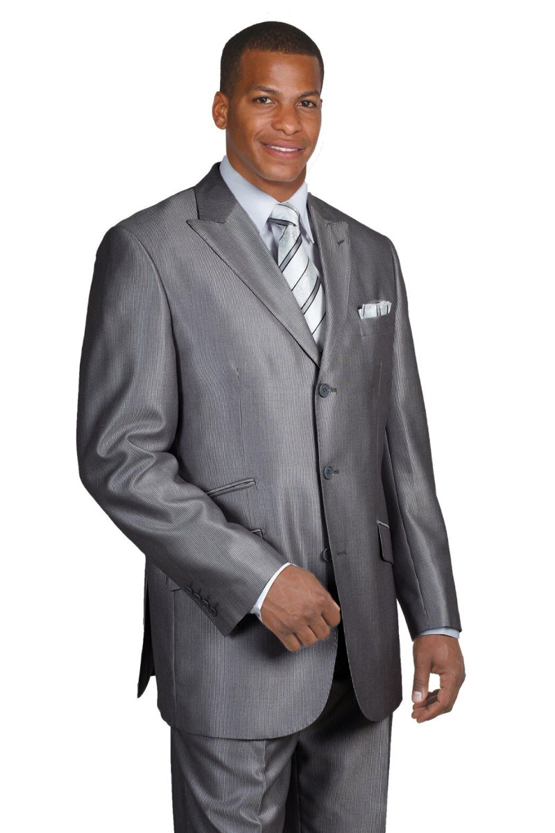 Mens 3 Button Peak Lapel Shiny Sharkskin Micro Pinstripe Suit in Charcoal Grey