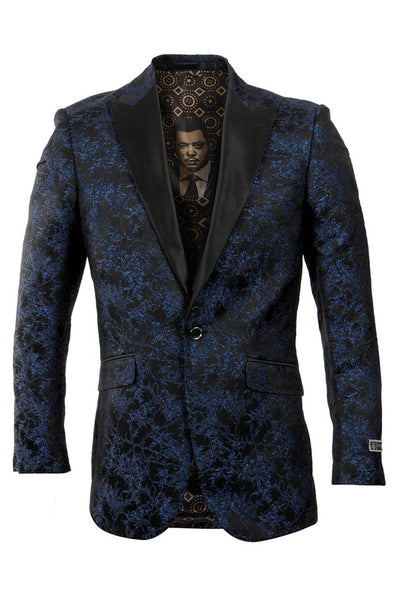 Men's One Button Navy Blue Floral Print Prom Tuxedo Blazer