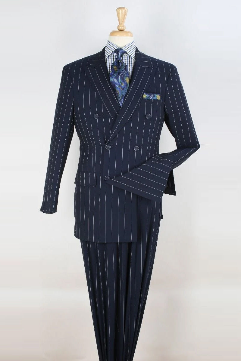 Mens Double Breasted 1920's Wide Bold Gangster Pinstripe Suit in Navy