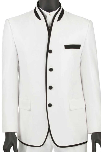 Mens 4 Button Mandarin Banded Trim Tuxedo in White