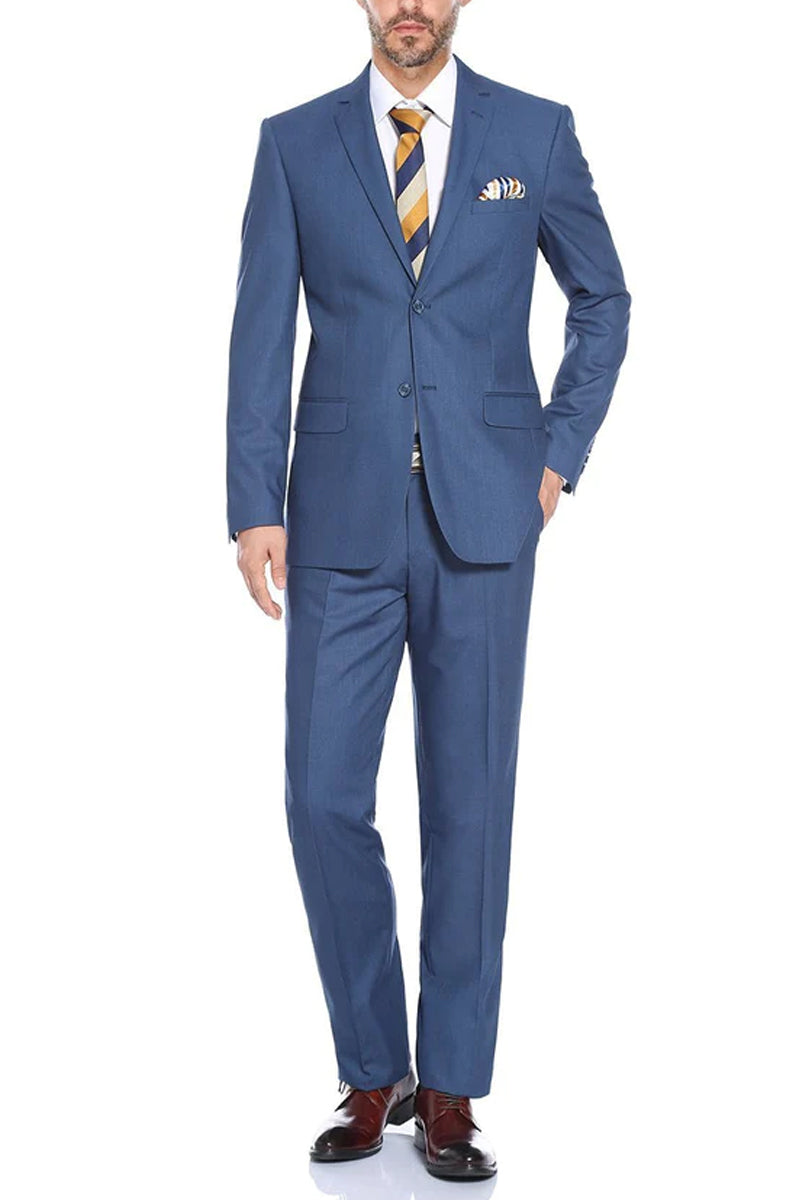 Mens Two Button Classic Fit Hack Pocket Suit in Steel Blue