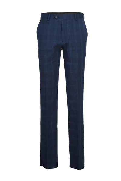 Mens Designer Two Button Slim Fit Notch Lapel Wool Suit in Airforce Blue Windopane Plaid