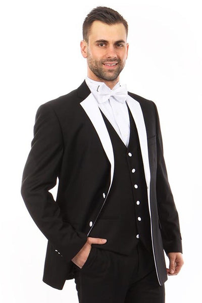 Men's Classic Two Button Vested Notch Tuxedo in Black & White