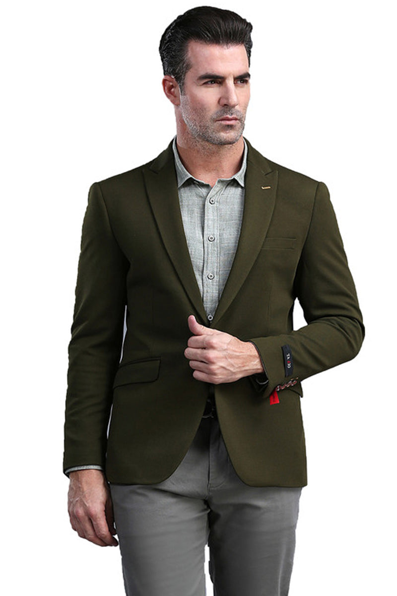 Men's One Button Peak Lapel Skinny Fit Blazer in Olive Green ...