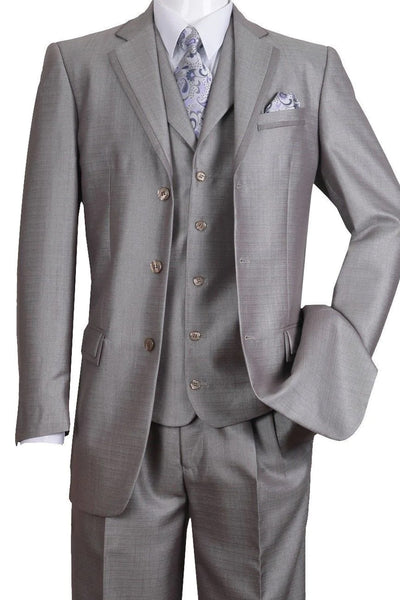 Mens 3 Button Vested Textured Shiny Sharkskin Church Suit in Silver Grey