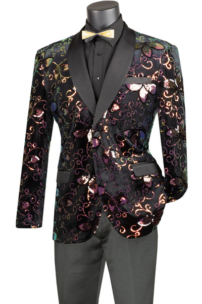 Mens Slim Fit Velvet Paisley Sequin Floral Prom Dinner Jacket in Black