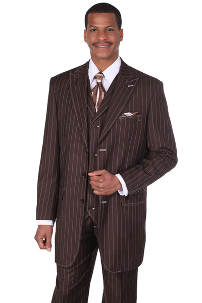 Mens Vintage Vested Gangster Bold Pinstripe Fashion Suit in Brown