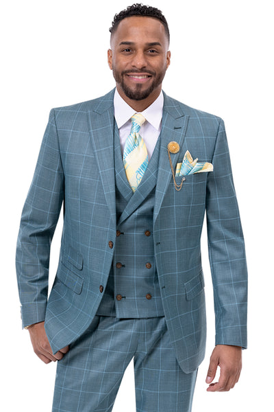 Mens Two Button Peak Lapel Vested Fashion Suit in Teal Blue Windowpane Plaid