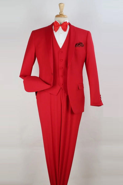 Mens One Button Modern Fit Vested Shawl Tuxedo in Red