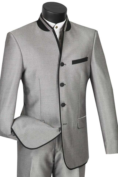 Mens 4 Button Mandarin Banded Trim Tuxedo in Grey
