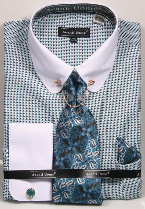 Men's Round Collar Contrast Collar & French Cuff Dress Shirt in Turquoise Houndstooth