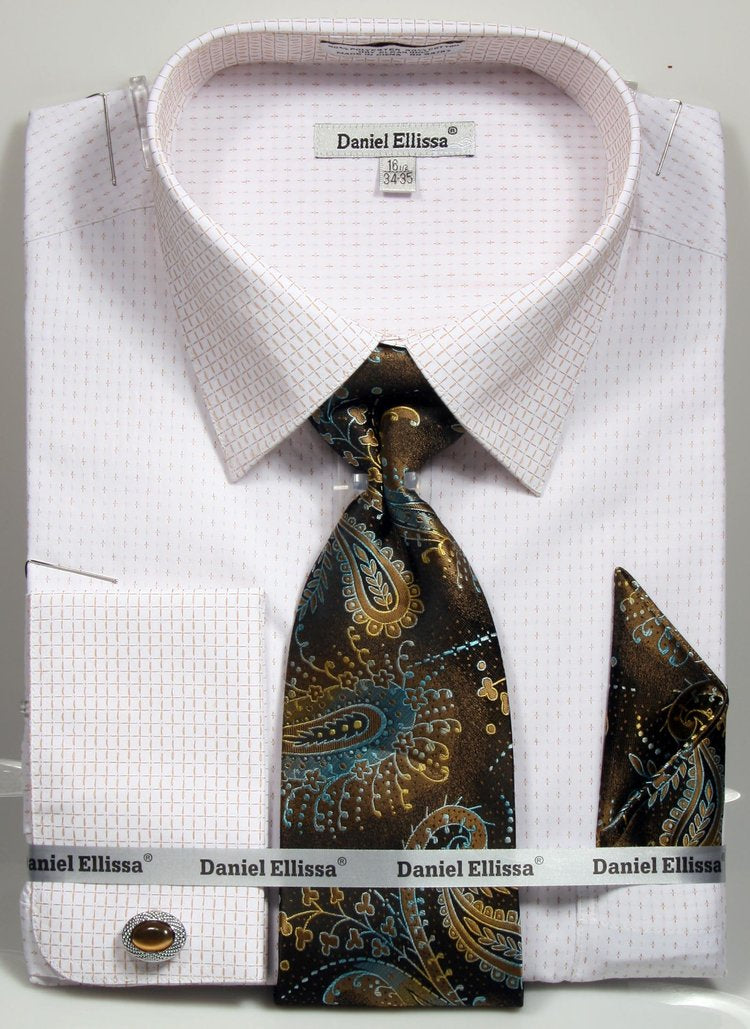 Men's French Cuff Mini Plus Patter Spread Collar Regular Fit Dress Shirt & Tie Set in White & Beige