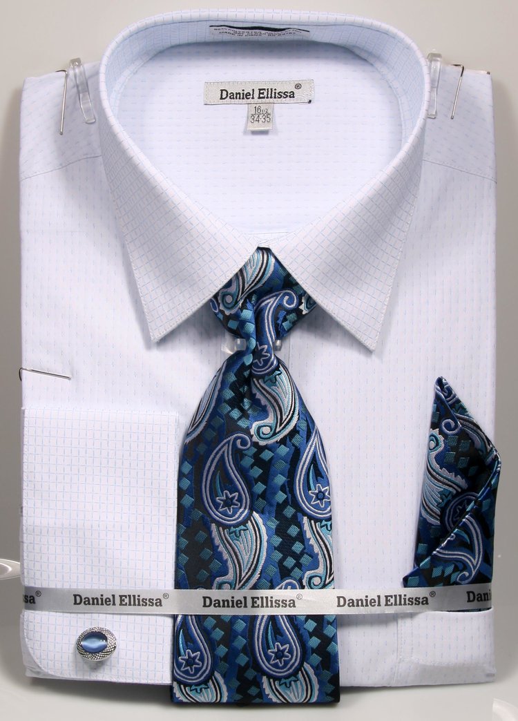 Men's French Cuff Mini Plus Patter Spread Collar Regular Fit Dress Shirt & Tie Set in White & Blue