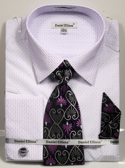Men's French Cuff Mini Plus Patter Spread Collar Regular Fit Dress Shirt & Tie Set in White & Purple