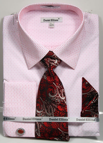 Men's French Cuff Mini Plus Patter Spread Collar Regular Fit Dress Shirt & Tie Set in White & Red