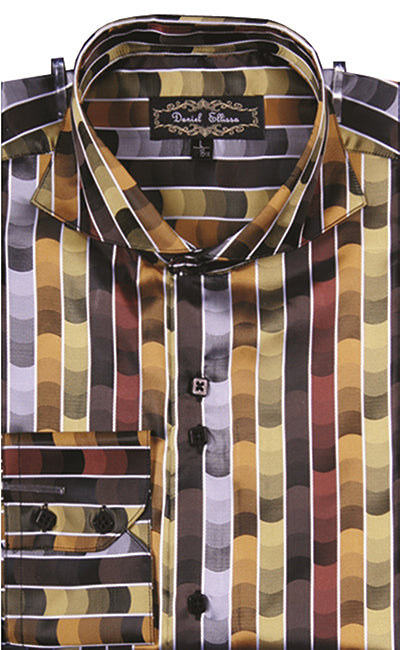 Men's Regular Fit Fancy Tonal Stripe Pattern Sports Shirt in Gold