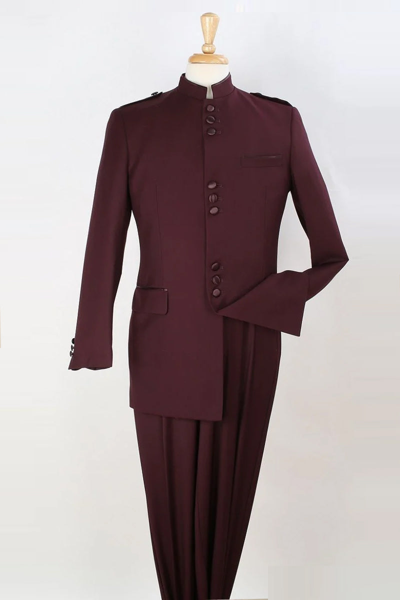Mens Classic Military Banded Collar Mandarin Safari Suit in Burgundy