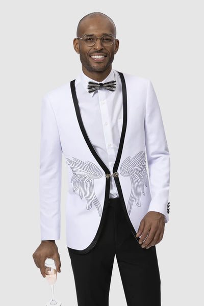 Mens Collarless White Tuxedo Jacket with Black Trim and Diamond Wing Studs