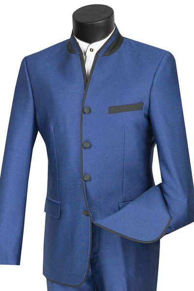 Mens 4 Button Mandarin Banded Trim Tuxedo in Blue