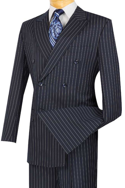 Mens Double Breasted Gangster Bold Pinstripe Suit in Navy Blue