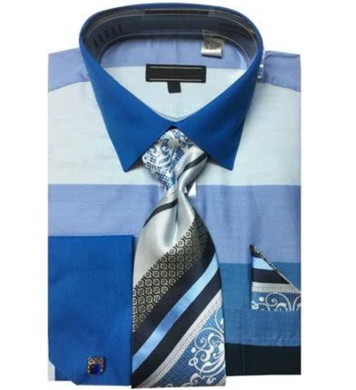 Men's Contrast Collar Wide Horizontal Stripe French Cuff Dress Shirt, Tie, & Hanky Set in Blue