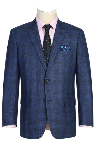 Mens Two Button Classic Fit Sport Coat Blazer in Navy Blue Windowpane Plaid