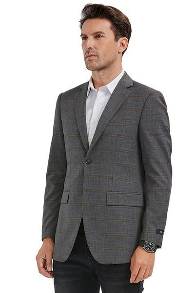 Men's Slim Fit 2 Button Sport Coat Blazer in Grey & Tan Windowpane Plaid