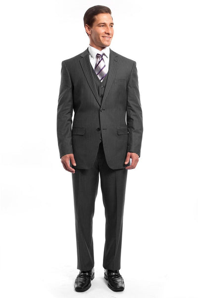 Men's Two Button Vested Business Suit in Grey Pinstripe