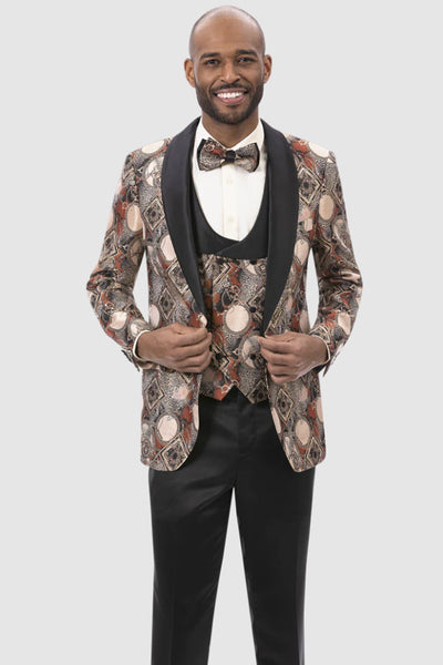 Mens One Button Vested Geometric Pattern Tuxedo in Rust.
