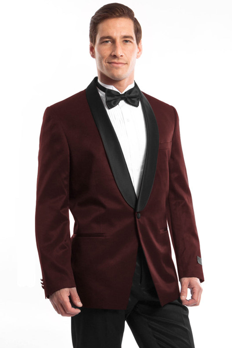 Men's Slim Fit Shawl Tuxedo in Burgundy Satin Birdseye 