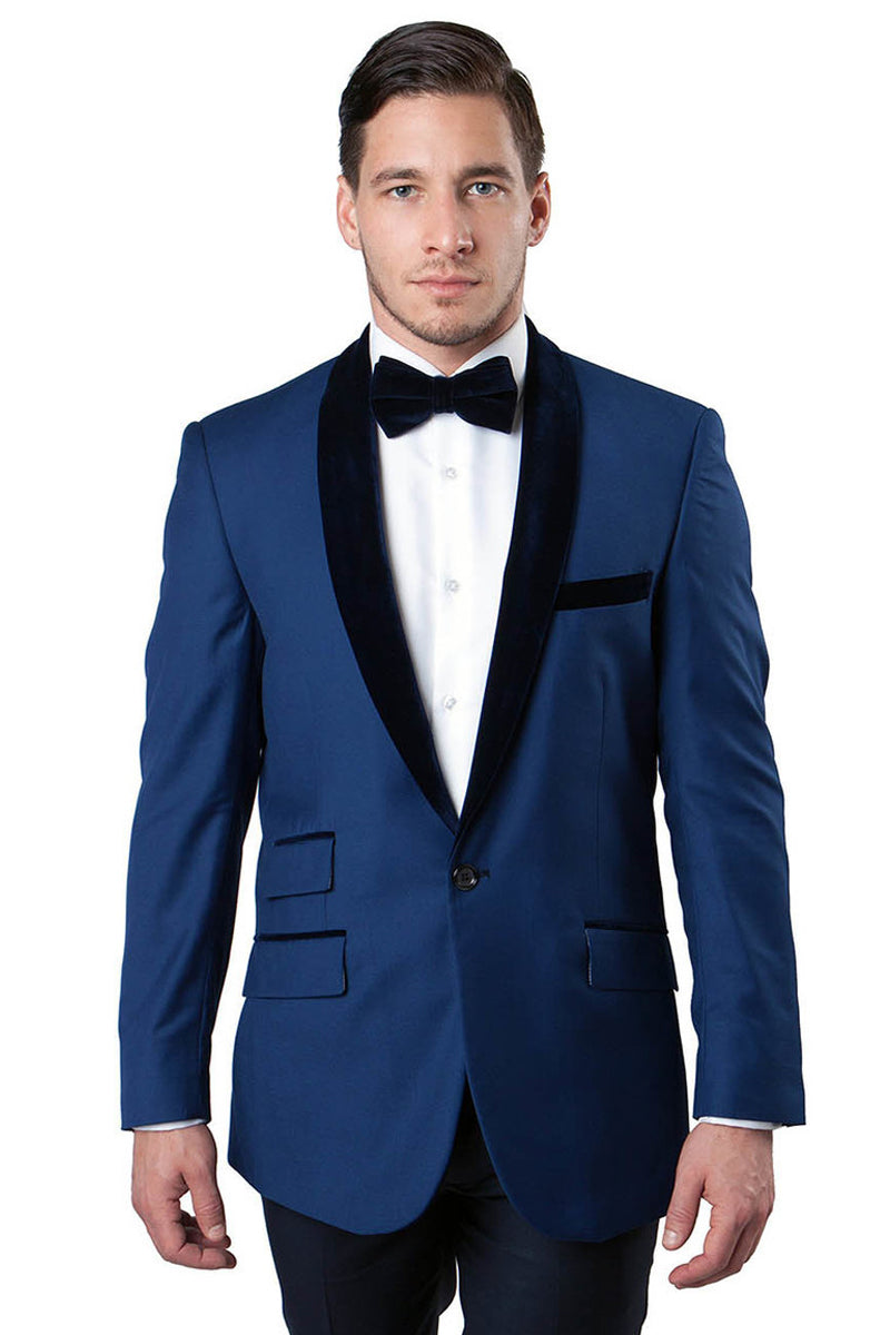 Men's One Button Velvet Shawl Collar Tuxedo Jacket in Blue ...