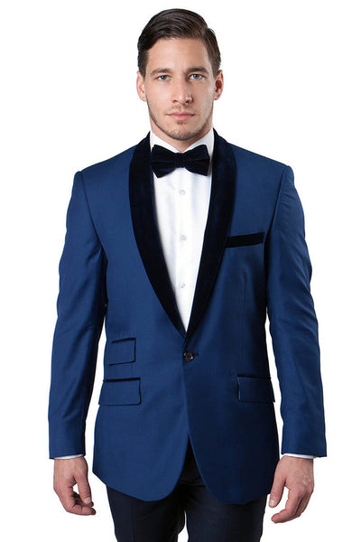 Men's One Button Velvet Shawl Collar Tuxedo Jacket in Blue