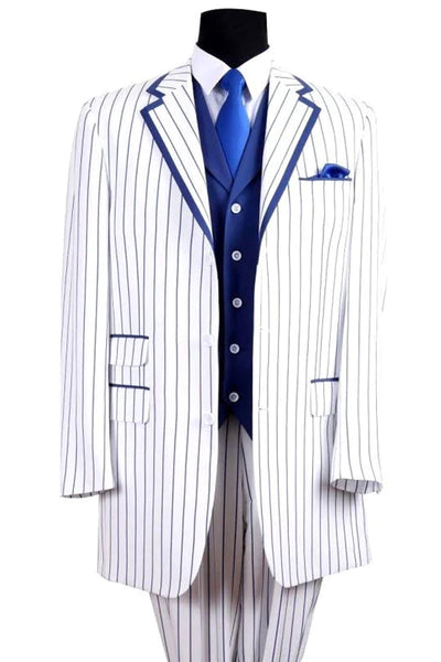 Mens 3 Button Vested Barbershop Quartet Suin in White with Royal Blue Pinstripes